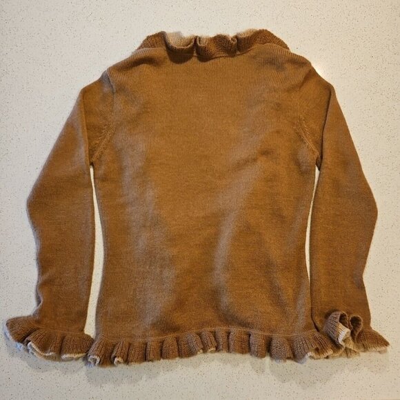Baby Alpaca Sweater Womens L Beige Brown Ruffled Long Sleeve Cardigan Peru Fibra - Picture 7 of 10